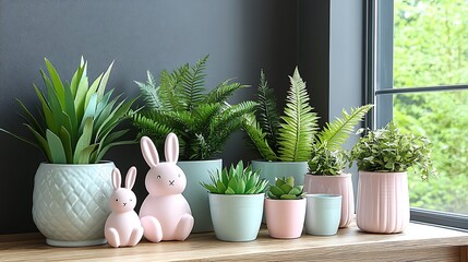 Wall Mural - A set of delicate paper flowers and fabric Easter bunny decorations, arranged on a craft table with colorful paint pots