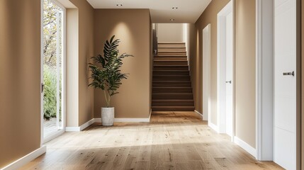 Poster - In this contemporary hallway, mocha mousse walls create warmth and sophistication. A wooden staircase leads upward, framed by abundant natural light from adjacent doors. A potted plant adds life