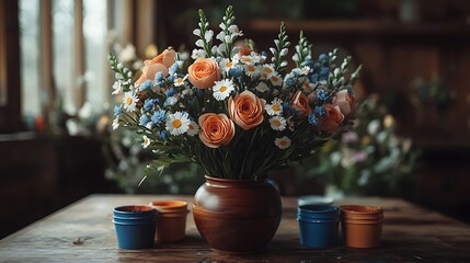 Wall Mural - A set of delicate paper flowers and fabric Easter bunny decorations, arranged on a craft table with colorful paint pots