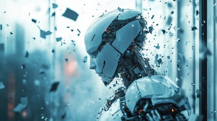 Poster - Futuristic Robot Head Shattering in High-Tech Environment Display