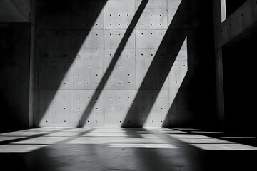 Poster - Sunlight streams through concrete building, interior shadows
