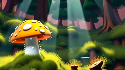 Poster - A cartoon mushroom is sitting on a patch of grass in a forest. The mushroom is orange and has a white cap