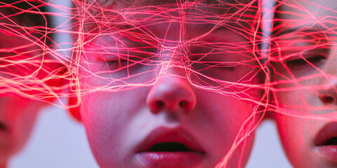 Poster - Three Faces Interconnected by Red Luminous Lines
