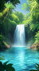 Poster - Sunlight filters through the dense canopy of a tropical jungle, illuminating a breathtaking waterfall cascading into a pristine pond, creating a tranquil oasis of nature's beauty