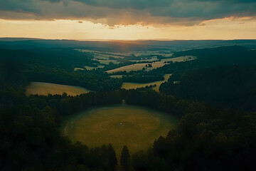 Wall Mural - Aerial sunset view of fields and forests