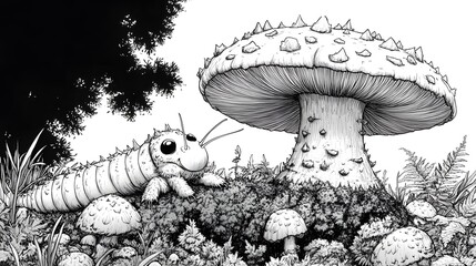 Poster - Comiclike blackandwhite sketch of a caterpillar on a mushroom featuring highcontrast ink lines and expressive strokes that highlight the playful interaction of the whimsical characters