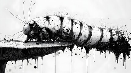 Poster - Comiclike blackandwhite sketch of a caterpillar on a mushroom featuring highcontrast ink lines and expressive strokes that highlight the playful interaction of the whimsical characters