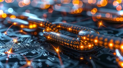 Fototapete - A close up view features a digital chain interlinked with glowing blocks of binary code set against a dark circuit board background, creating a high tech atmosphere with light reflections.