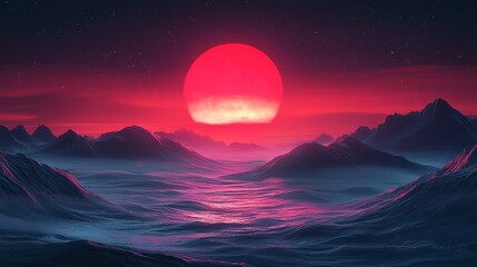Wall Mural - vibrant starry sky casting dramatic light on dark mountain silhouettes and undulating ocean, red sun