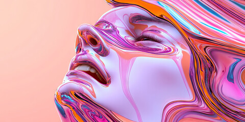 Poster - Abstract Liquid-Form Female Face in Pink, Orange, and Teal