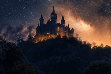 Poster - a medieval castle on a hill, surrounded by a glowing enchanted forest