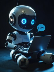Poster - cute robot working with laptop and speech bubble in dark room. generative ai