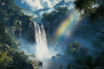 Wall Mural - A misty waterfall in a lush jungle, with sunlight breaking through the canopy, creating a rainbow