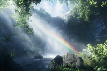 Poster - A misty waterfall in a lush jungle, with sunlight breaking through the canopy, creating a rainbow