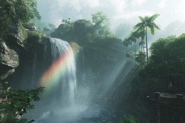 Wall Mural - A misty waterfall in a lush jungle, with sunlight breaking through the canopy, creating a rainbow