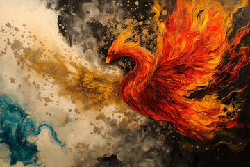 Poster - A phoenix rising from flames, with vibrant reds, oranges, and golds