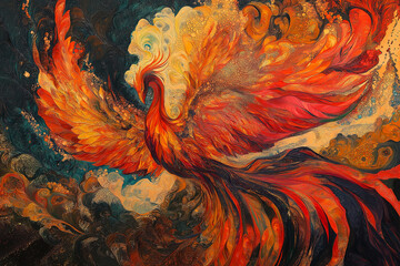 Poster - A phoenix rising from flames, with vibrant reds, oranges, and golds