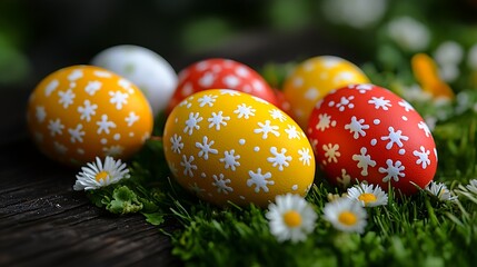 Wall Mural - A vibrant DIY Easter basket filled with colorful eggs, floral cutouts, and ribbons, resting on a wooden surface