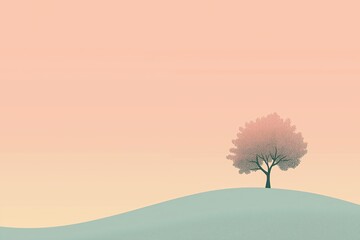 Poster - A single tree on a hill under a soft pastel sky, with warm tones and a calming atmosphere