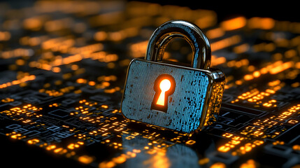 Poster - Secure data, circuit board, glowing lock, digital safety