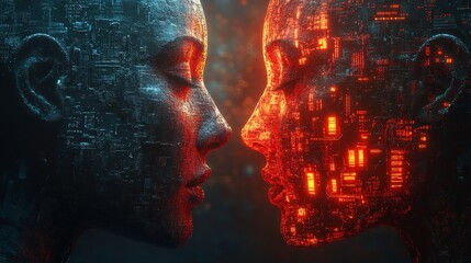 Two faces with glowing eyes and a city background
