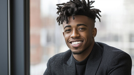 Wall Mural - young black African man with locs smiles warmly near window exuding confidence and approachability