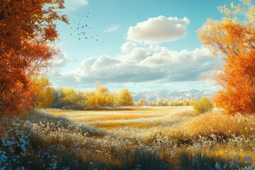 Poster - Autumnal meadow landscape, birds flying, sunlit field, idyllic scene, fall background