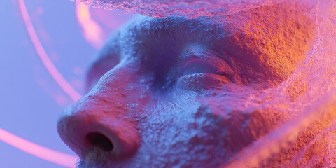 Poster - close-up of a textured face with translucent overlay and pink-blue lighting