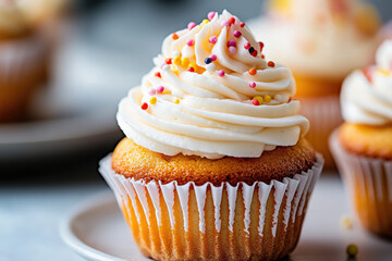 Canvas Print - A cupcake with white frosting and sprinkles on top