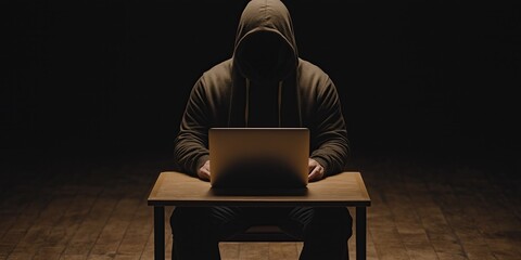 Poster - hacker hooded figure sits in dark working on laptop Secrecy and mystery implied