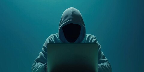 Poster - hacker hooded figure sits before laptop face obscured in shadow suggesting anonymity and clandestine activity