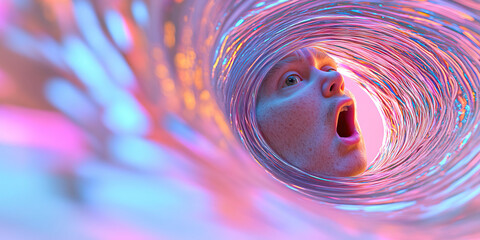 Poster - Human Face in Iridescent Swirling Tunnel