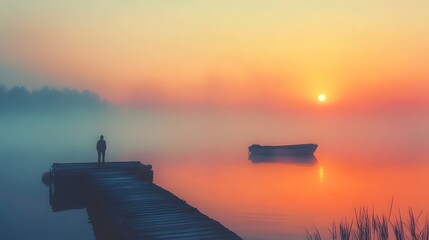 A person standing on a dock at sunrise, with a misty fog rolling off the water and a boat in the distance