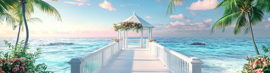 Wall Mural - A wooden gazebo with white curtains stands on a tropical beach, framed by palm trees, a clear blue sky, and turquoise ocean water.