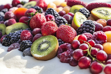 Wall Mural - A colorful assortment of fresh fruit, including kiwi, strawberries, and grapes