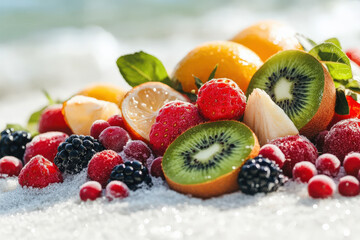 Wall Mural - A colorful assortment of fruits including kiwi, oranges