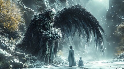 Poster - Dark hyperrealistic painting of a skeletal being with vast wings whispering to a regal figure adorned with a floral wreath A fearful smaller figure stands beside icy effects accentuating the scene
