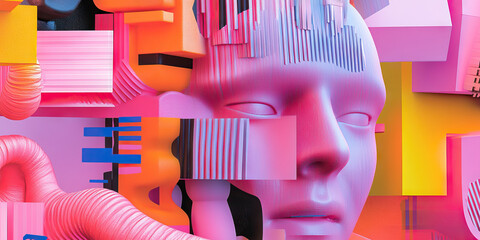 Poster - Abstract Composition with Fragmented Face and Geometric Shapes