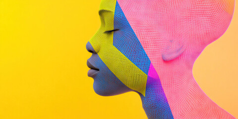 Poster - digital wireframe profile with geometric color patterns