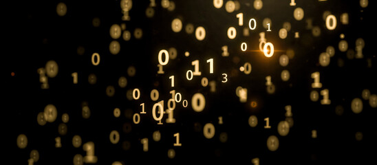 Aufkleber - Binary code background with glowing numbers zero and one floating in dark space, representing digital data, technology, and computer science concept