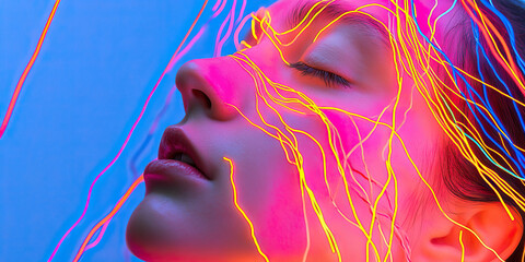 Poster - Woman's Face with Neon Lines Overlay