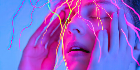 Poster - Close-up Portrait: Human Face with Neon Light Streaks