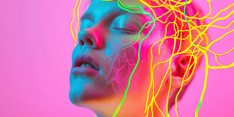 Poster - Woman's Face with Neon Lines and Pink Background