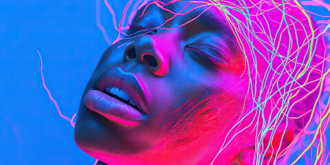 Poster - Close-up Portrait: Woman's Face with Neon Light and Scratches