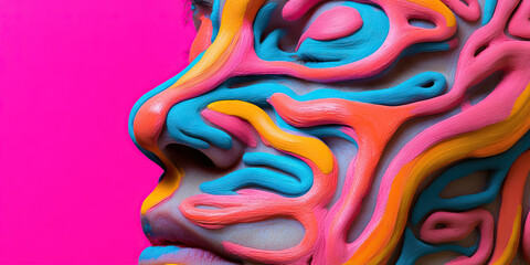 Poster - Profile Portrait with Abstract Paint Application in Blue, Orange, and Pink