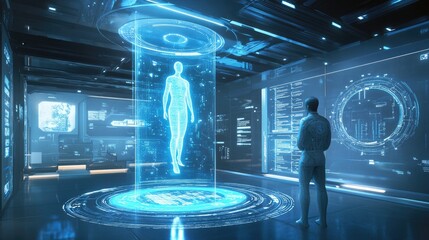 Poster - A D holographic display projecting data on a high-tech blue-lit background.