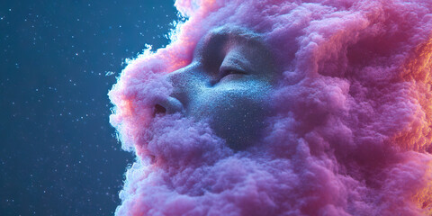 Poster - stylized face partially obscured by pink cloud
