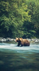 Poster - Brown bear standing majestically in a river, surrounded by a lush forest, creating a tranquil and captivating scene of wildlife in its natural habitat