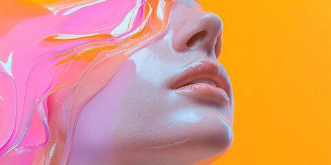 Poster - woman's face partially covered by translucent pink and orange liquid against orange background