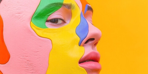 Poster - Profile of Face with Multicolored Mask Against Yellow Background
